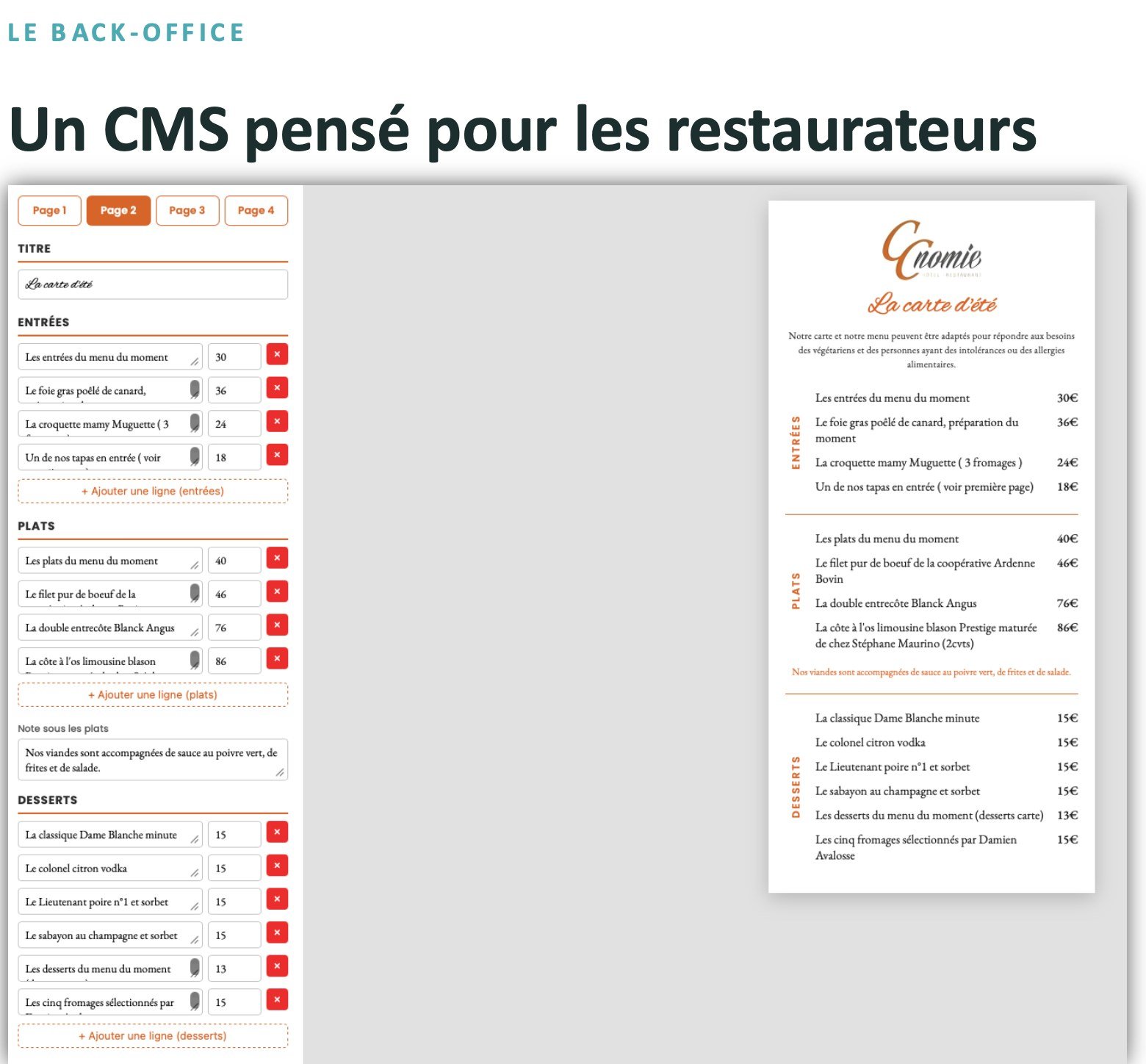 Interface du CMS Viziit pour gérer son menu digital